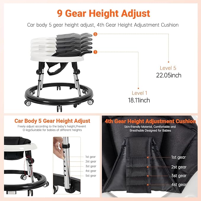 Baby Walker Foldable and Adjustable with Tray- Anti-Rollover Design