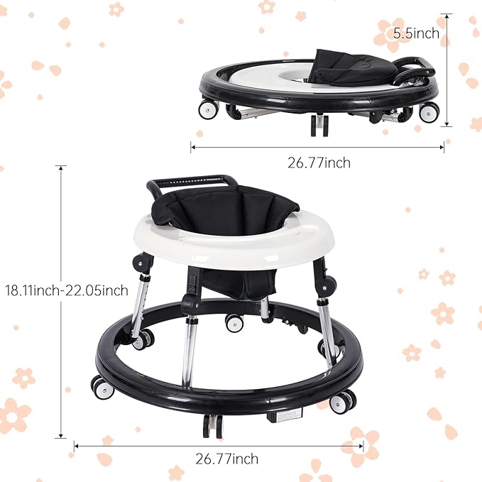 Baby Walker Foldable and Adjustable with Tray- Anti-Rollover Design