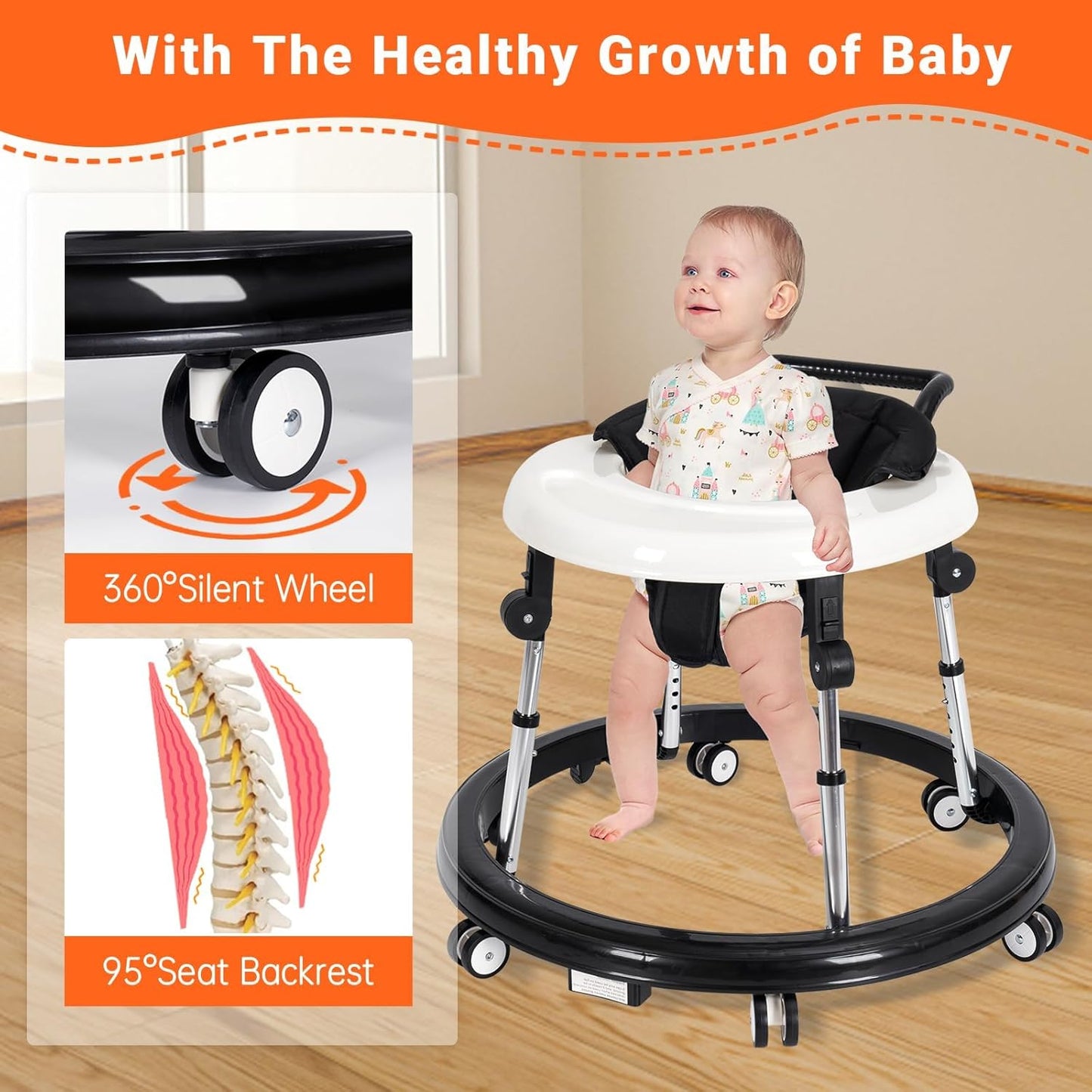 Baby Walker Foldable and Adjustable with Tray- Anti-Rollover Design