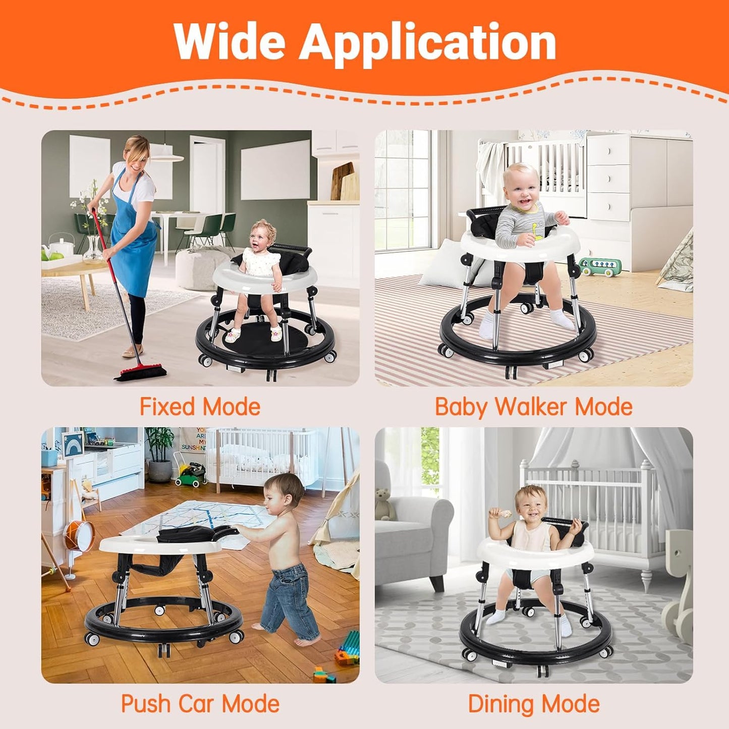 Baby Walker Foldable and Adjustable with Tray- Anti-Rollover Design